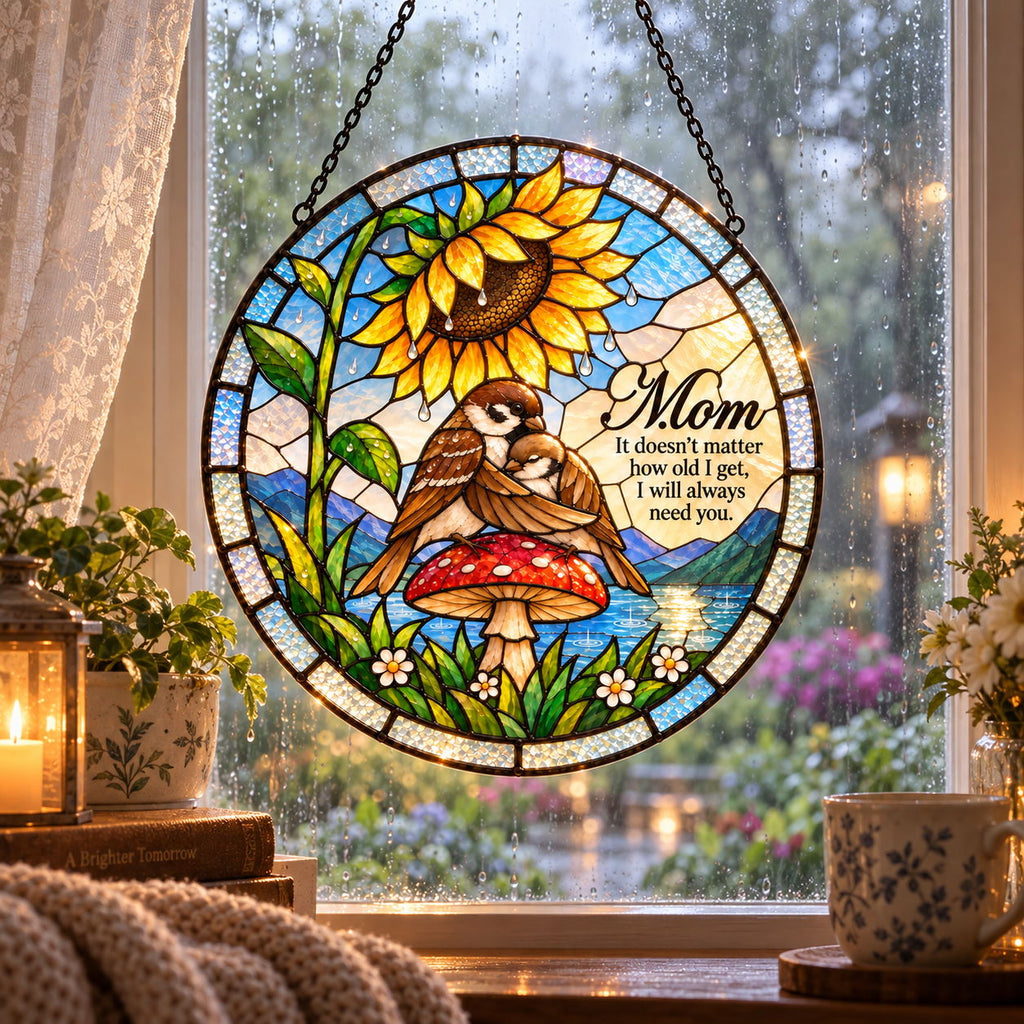 Mom Sparrow & Chick Sunflower Umbrella Holographic Acrylic Suncatcher — I Will Always Need You