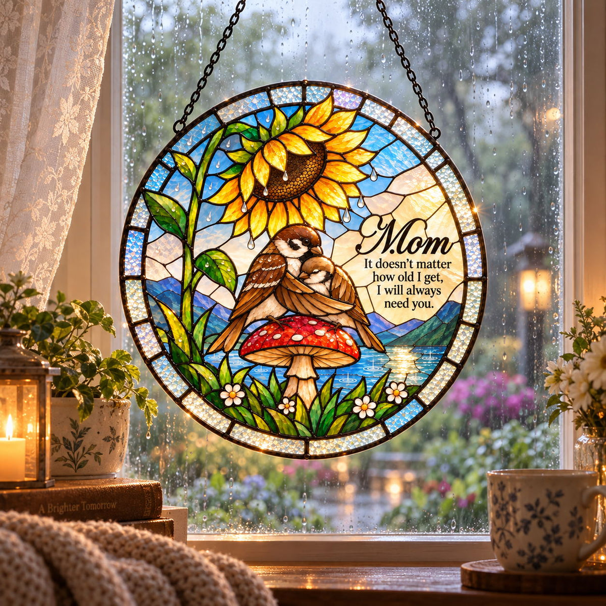 Mom Sparrow & Chick Sunflower Umbrella Holographic Acrylic Suncatcher — I Will Always Need You