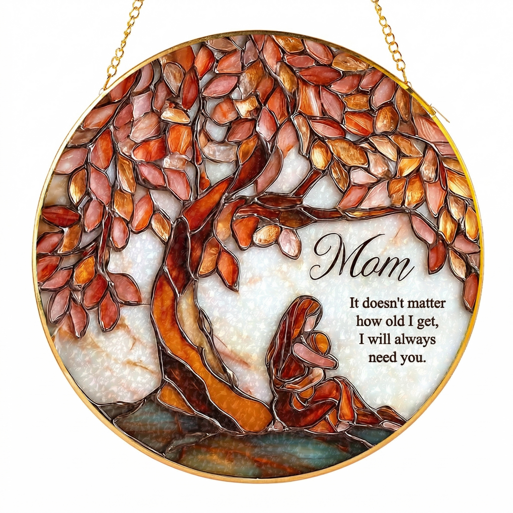 Flatlay view of Mom Tree of Life stained glass suncatcher with gift box and decor accessories