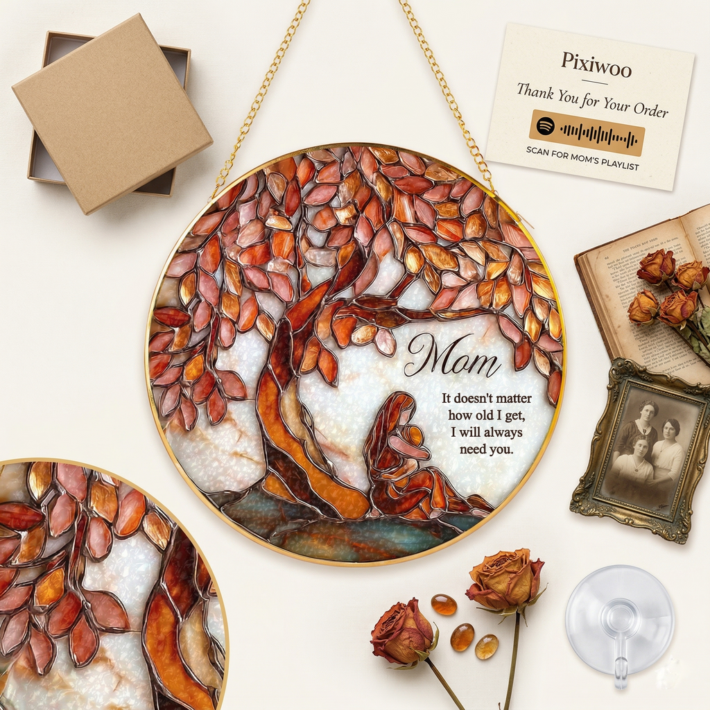 Gift-ready Mom Tree of Life stained glass suncatcher in premium kraft packaging
