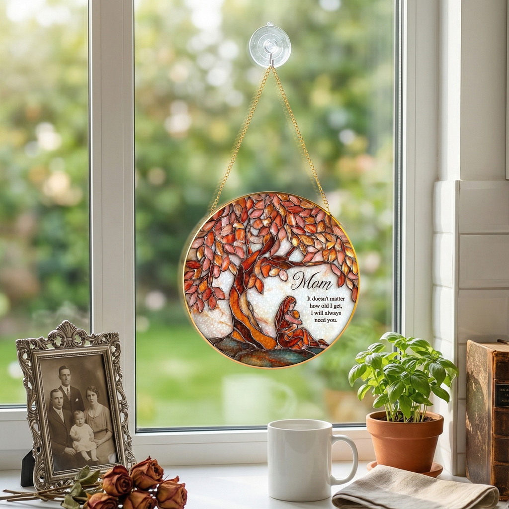 Mom Tree of Life stained glass suncatcher hanging on a sunlit window with cozy home decor