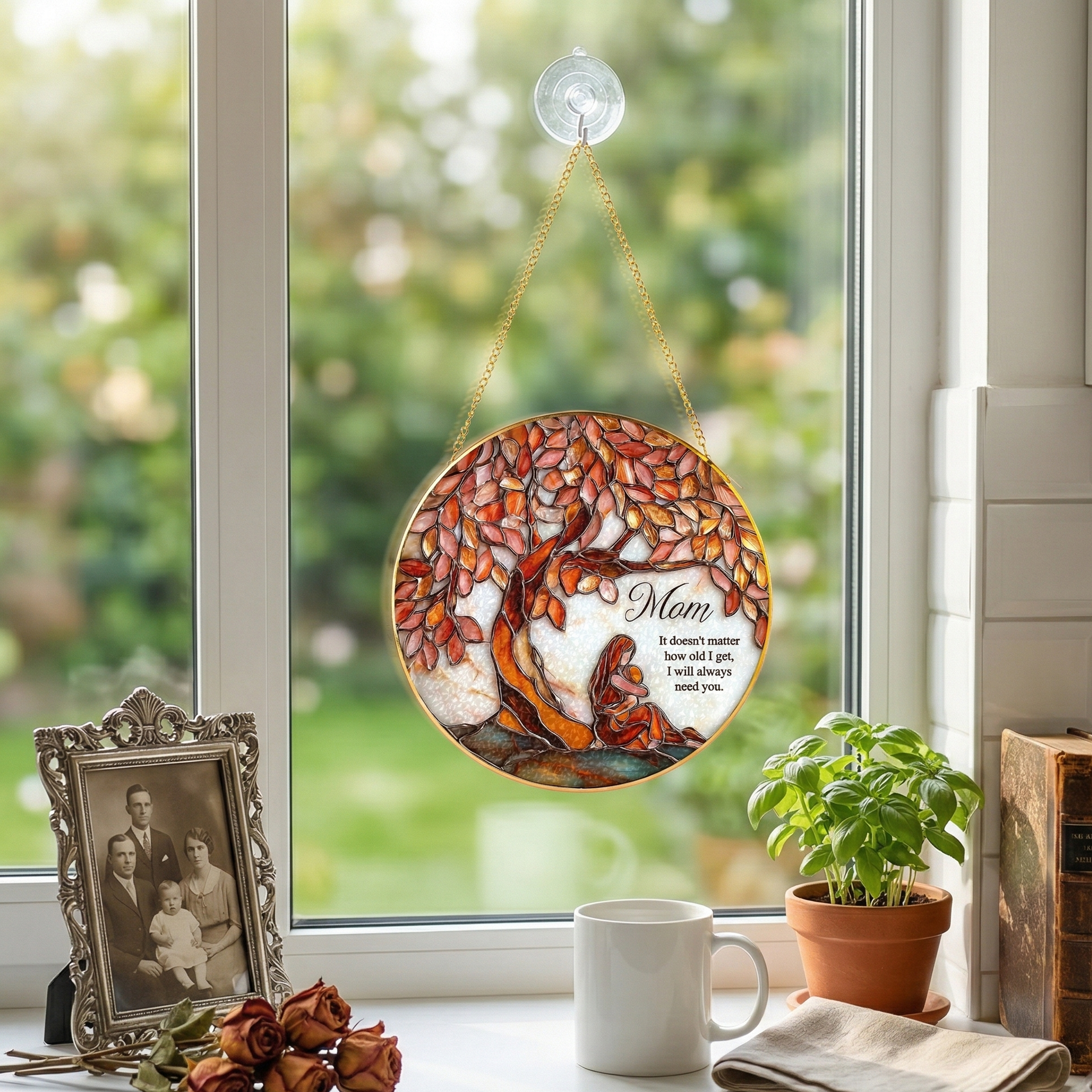 Mom Tree of Life stained glass suncatcher hanging on a sunlit window with cozy home decor