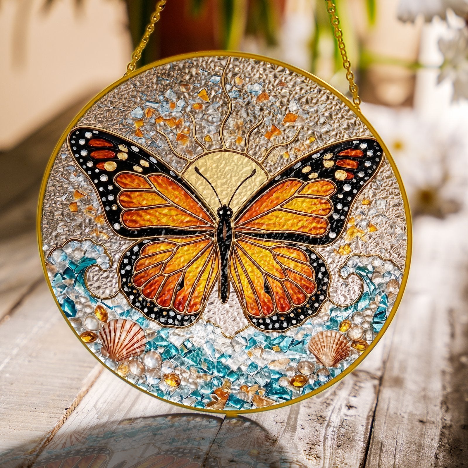 Monarch butterfly stained glass suncatcher lifestyle