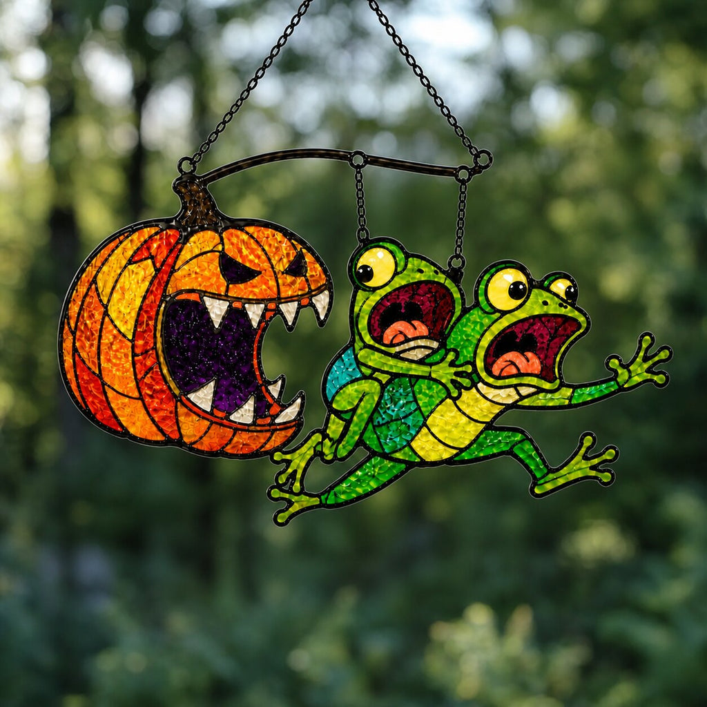 Monster Pumpkin Chasing Frogs Holographic Acrylic Suncatcher
