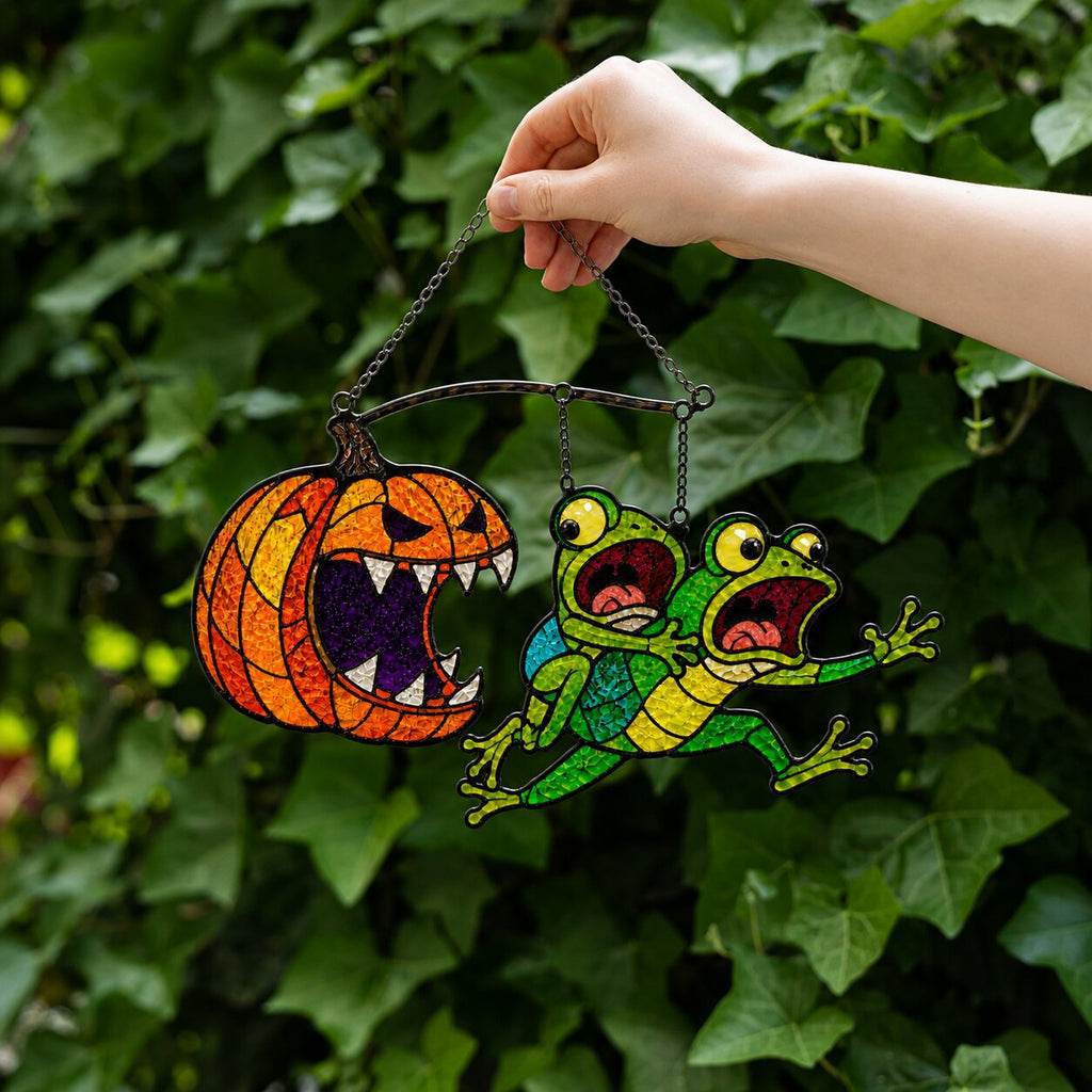 Monster Pumpkin Chasing Frogs Holographic Acrylic Suncatcher