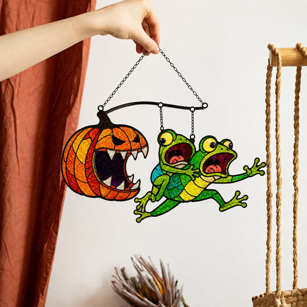 Monster Pumpkin Chasing Frogs Holographic Acrylic Suncatcher