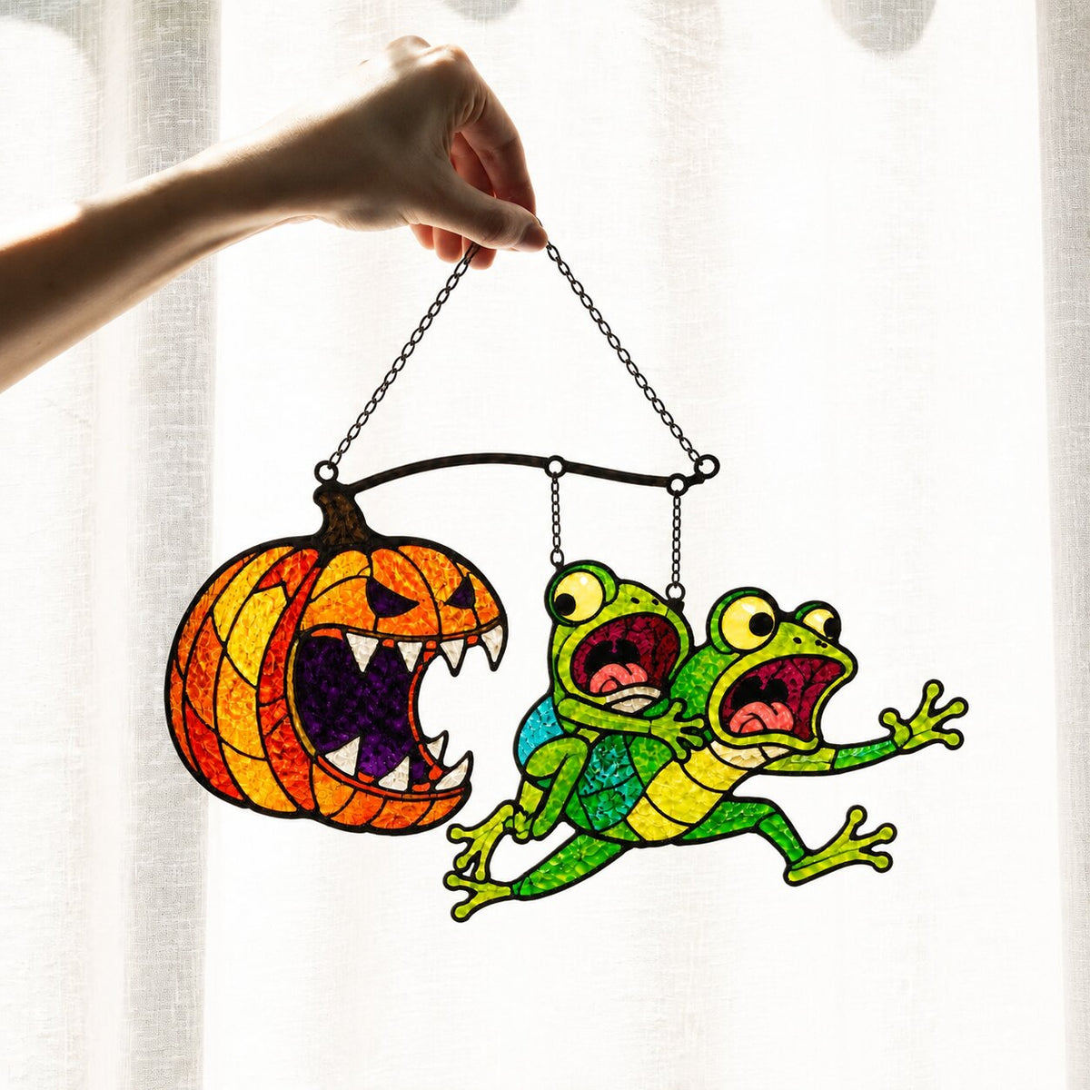 Monster Pumpkin Chasing Frogs Holographic Acrylic Suncatcher