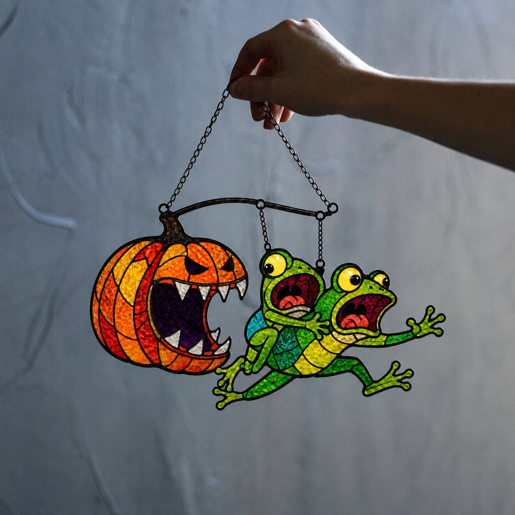 Monster Pumpkin Chasing Frogs Holographic Acrylic Suncatcher