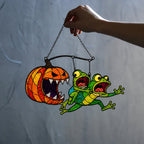 Monster Pumpkin Chasing Frogs Holographic Acrylic Suncatcher