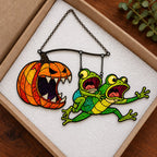 Monster Pumpkin Chasing Frogs Holographic Acrylic Suncatcher