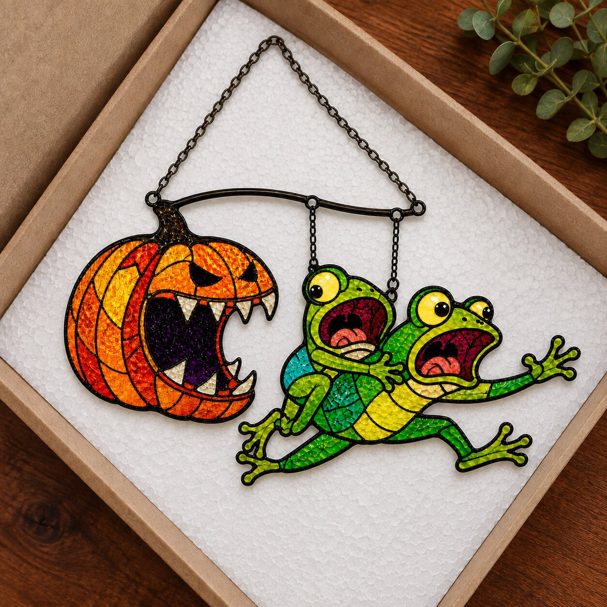 Monster Pumpkin Chasing Frogs Holographic Acrylic Suncatcher