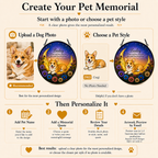 Pet memorial creation process with upload a dog photo option on a beige background