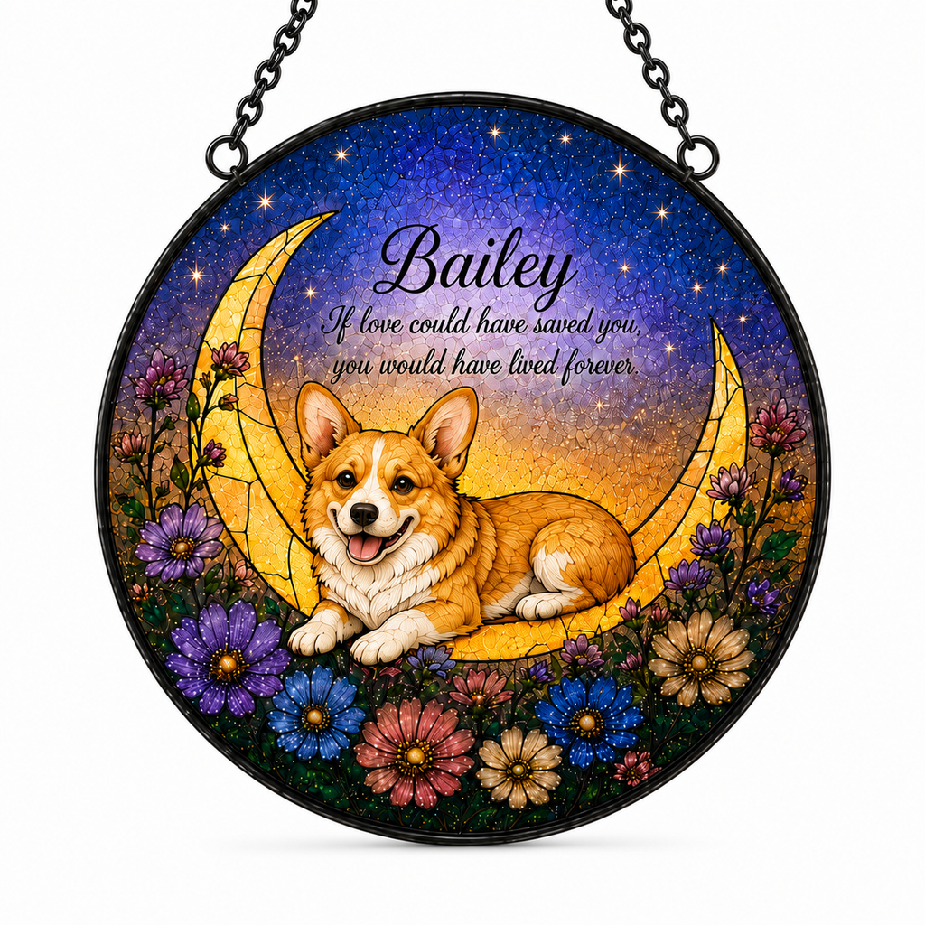 Round decorative piece with a corgi on a crescent moon surrounded by flowers, featuring the name 'Bailey'.