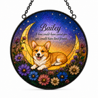 Round decorative piece with a corgi on a crescent moon surrounded by flowers, featuring the name 'Bailey'.