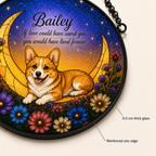 Decorative plaque with a dog illustration, flowers, and text on a starry night background.