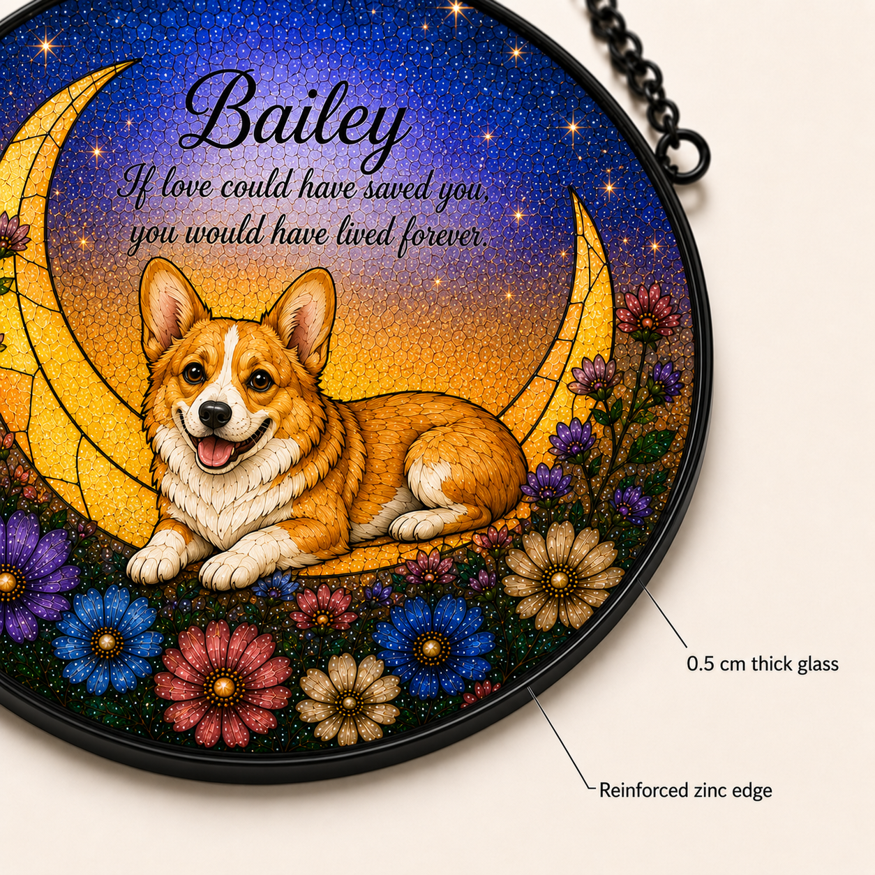 Decorative plaque with a dog illustration, flowers, and text on a starry night background.