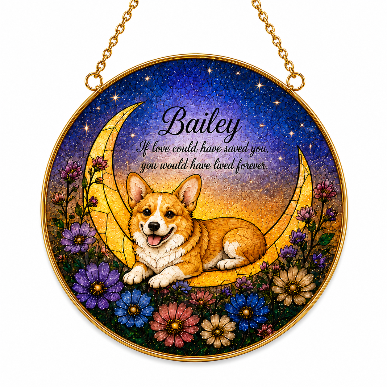 Decorative plaque with a corgi on a crescent moon surrounded by flowers, featuring the name 'Bailey'.