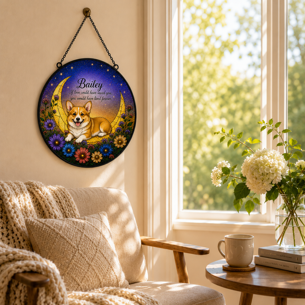 Decorative wall hanging with a dog illustration in a cozy living room.