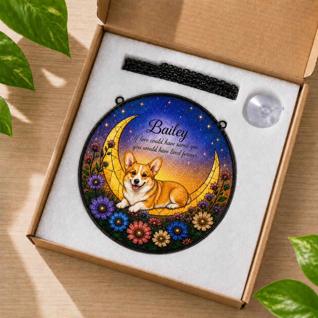 Decorative plaque with a dog illustration and 'Bailey' text, placed in an open box.