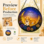 Decorative circular art piece with a dog on a moon and flowers, featuring text about artwork preview before production.