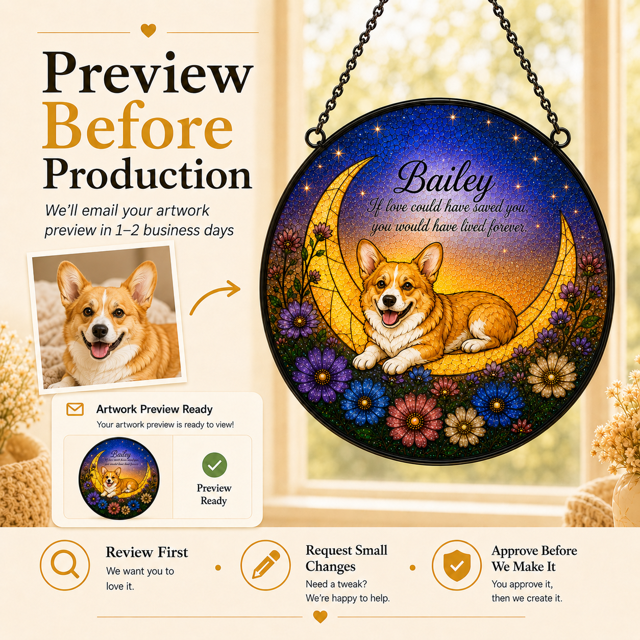 Decorative circular art piece with a dog on a moon and flowers, featuring text about artwork preview before production.