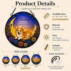 Product details of a decorative plaque with a dog illustration and moon design, including size guide and features.