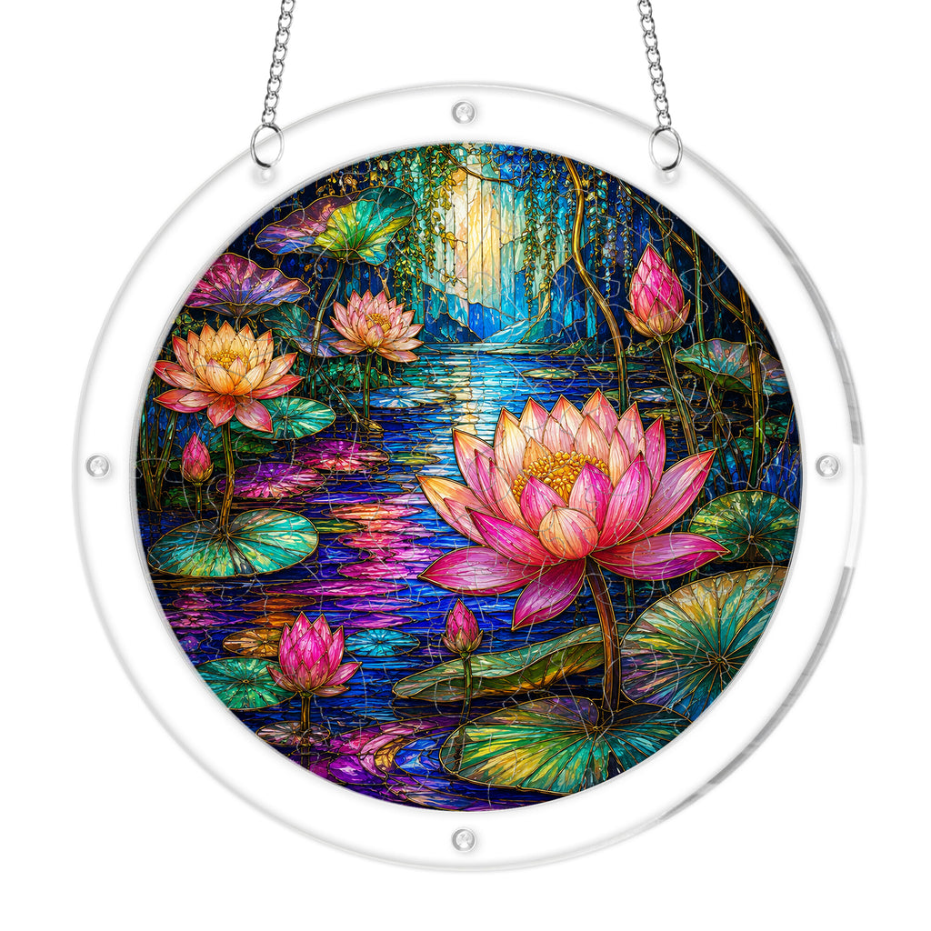 Moonlit lotus pond acrylic puzzle suncatcher, calming DIY window decor