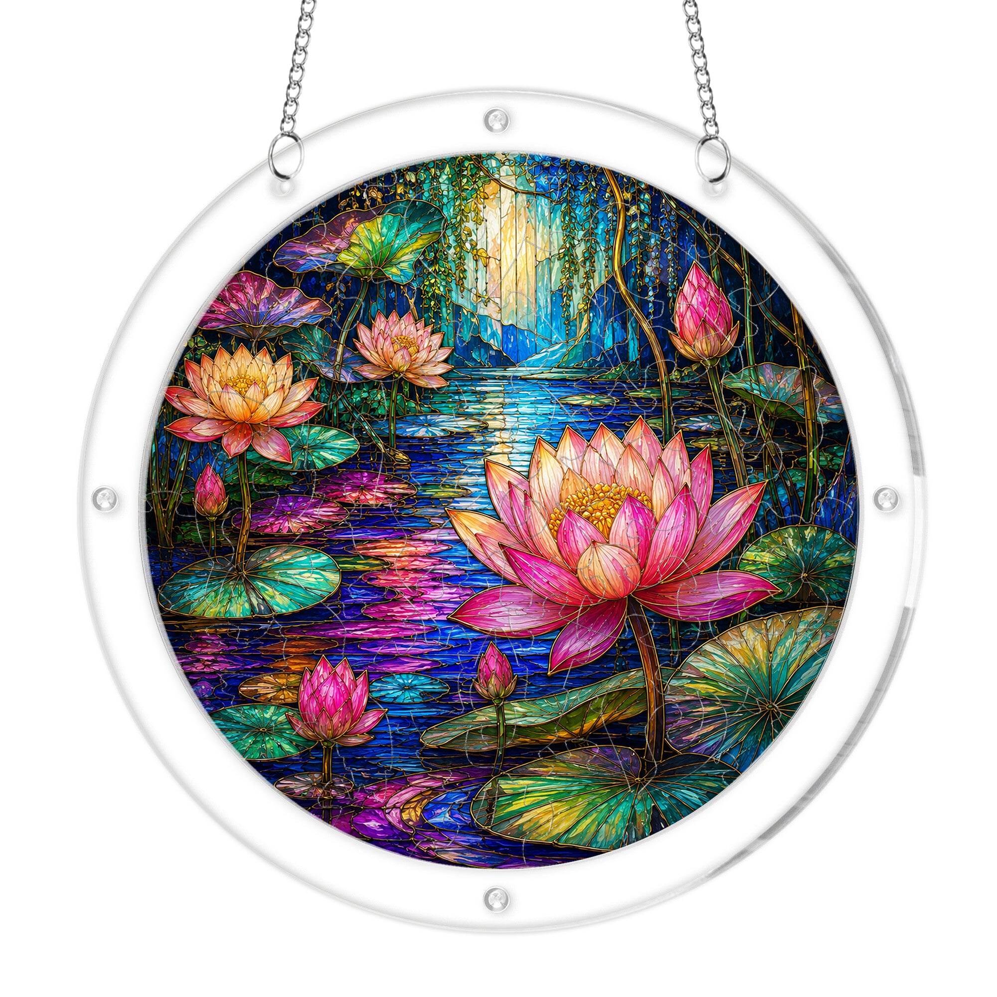 Moonlit lotus pond acrylic puzzle suncatcher, calming DIY window decor