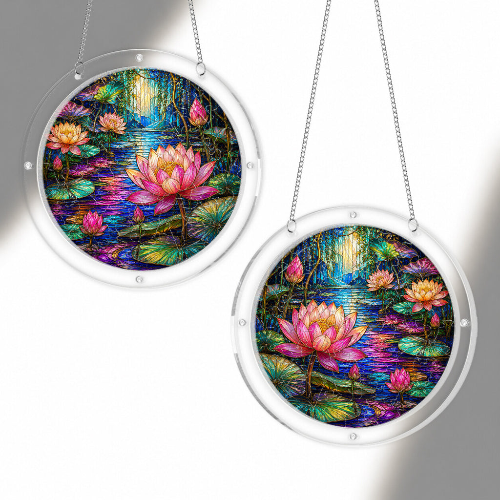 Moonlit lotus pond acrylic puzzle suncatcher, calming DIY window decor