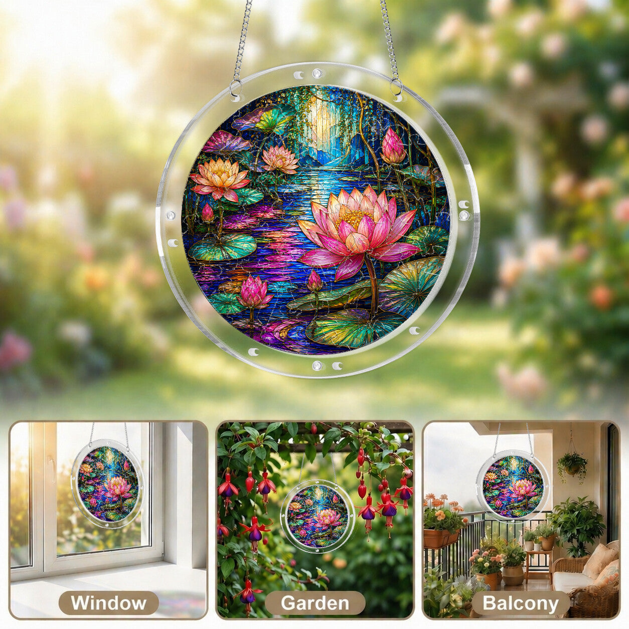 Moonlit lotus pond acrylic puzzle suncatcher, calming DIY window decor