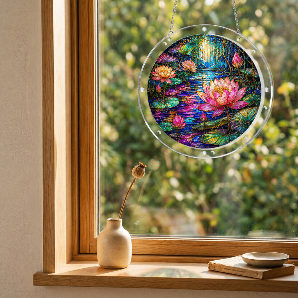 Moonlit lotus pond acrylic puzzle suncatcher, calming DIY window decor