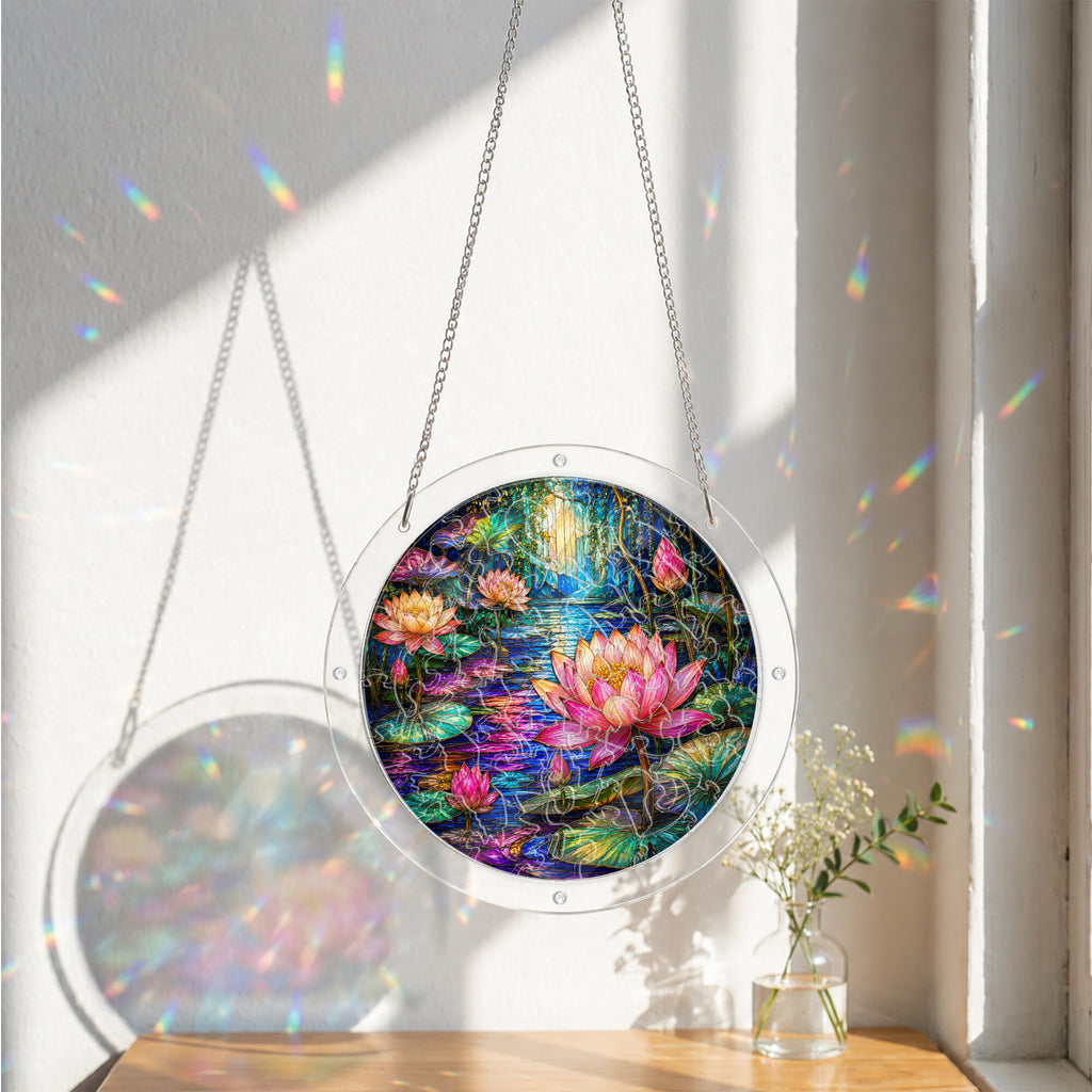 Moonlit lotus pond acrylic puzzle suncatcher, calming DIY window decor