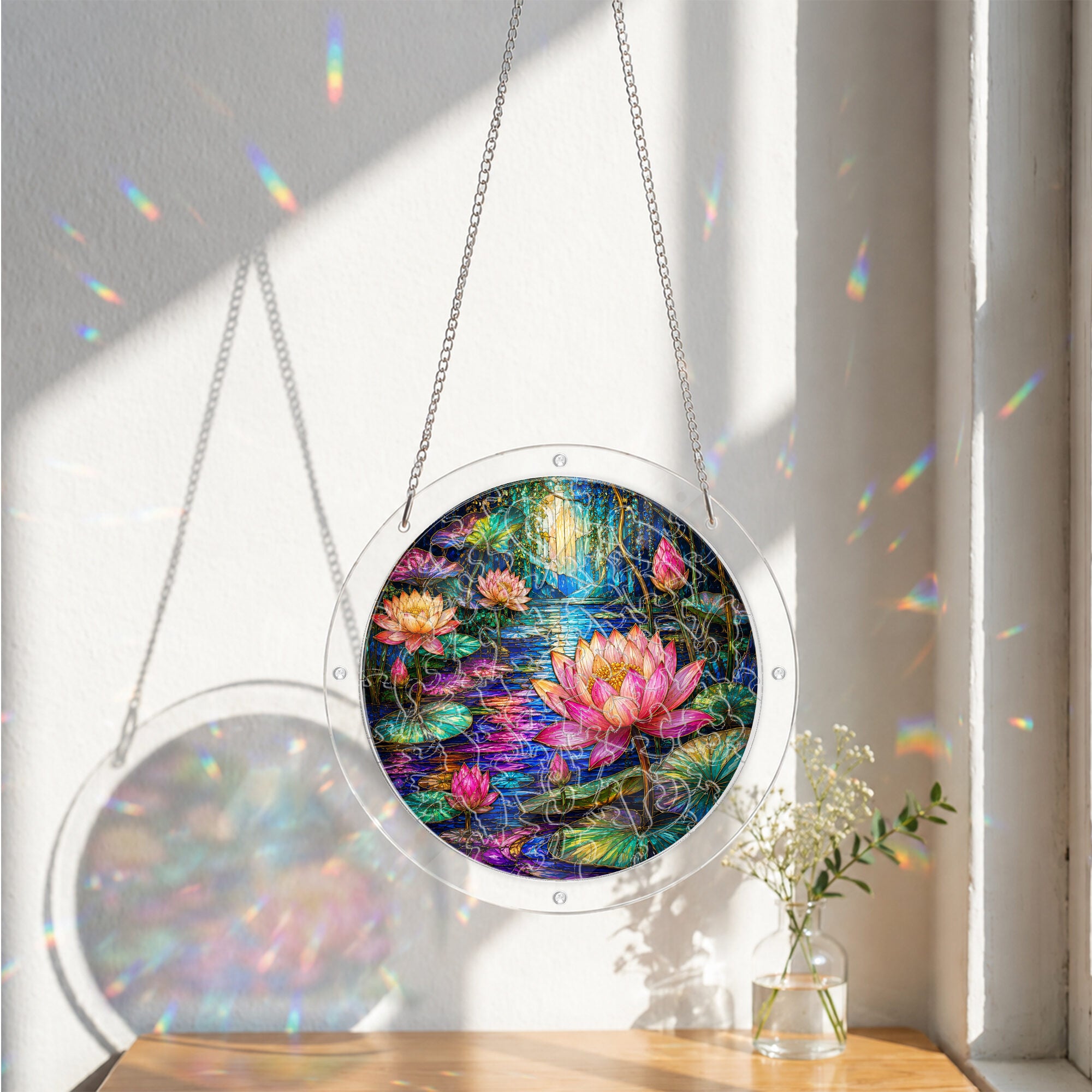 Moonlit lotus pond acrylic puzzle suncatcher, calming DIY window decor