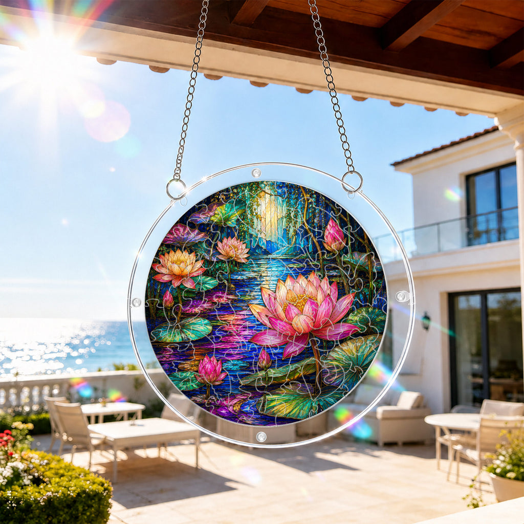 Moonlit lotus pond acrylic puzzle suncatcher, calming DIY window decor