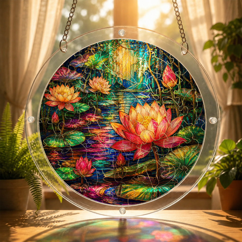 Moonlit lotus pond acrylic puzzle suncatcher, calming DIY window decor