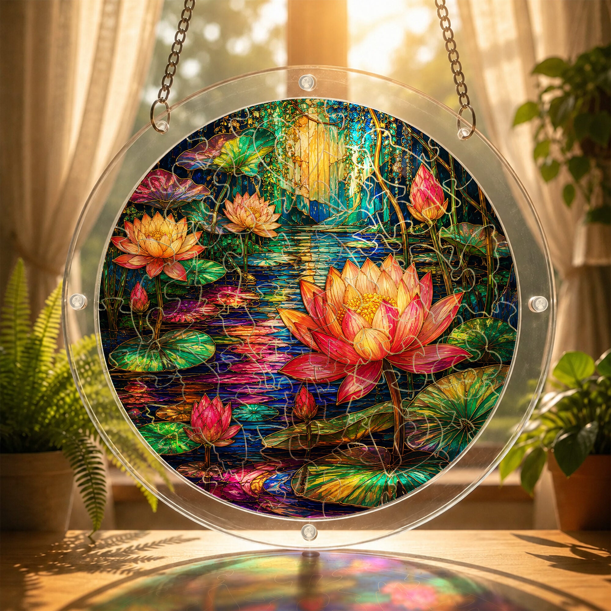 Moonlit lotus pond acrylic puzzle suncatcher, calming DIY window decor