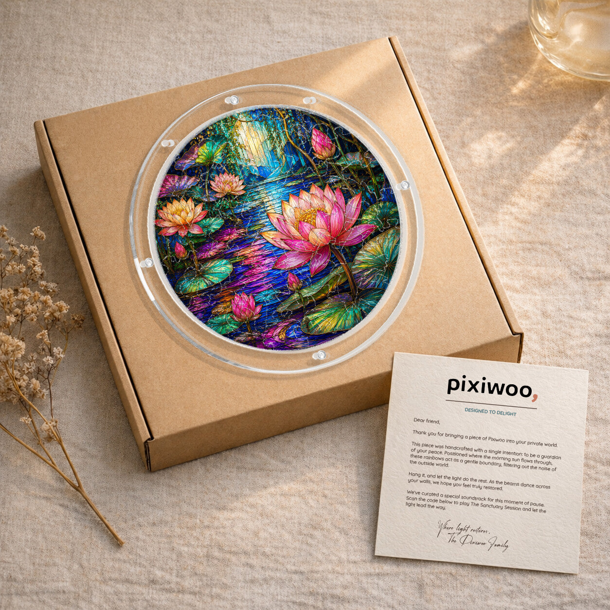 Moonlit lotus pond acrylic puzzle suncatcher, calming DIY window decor