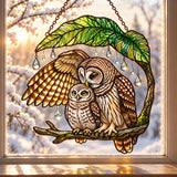 Mother Owl & Baby Under a Leaf Holographic Acrylic Suncatcher — Gift for Mom
