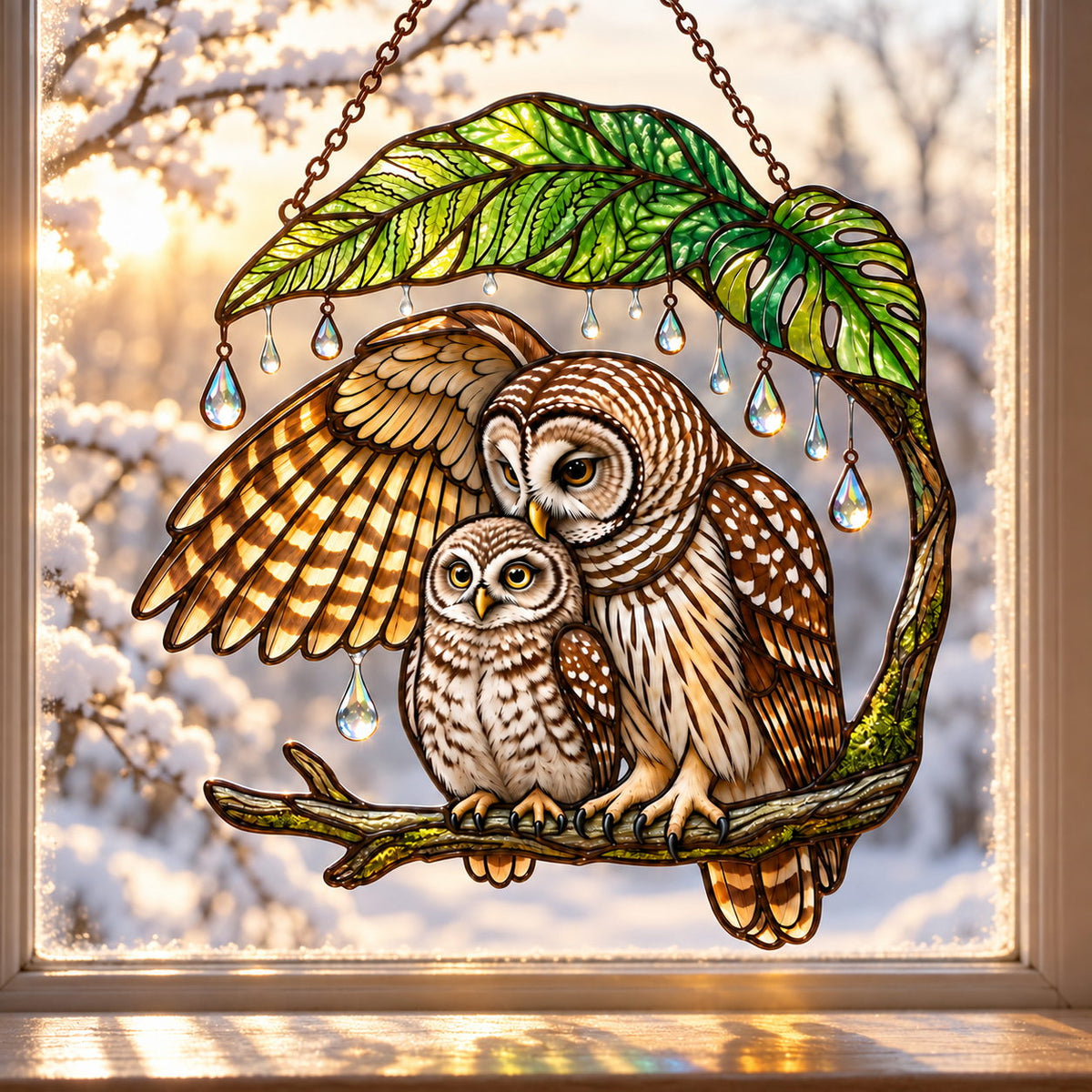 Mother Owl & Baby Under a Leaf Holographic Acrylic Suncatcher — Gift for Mom