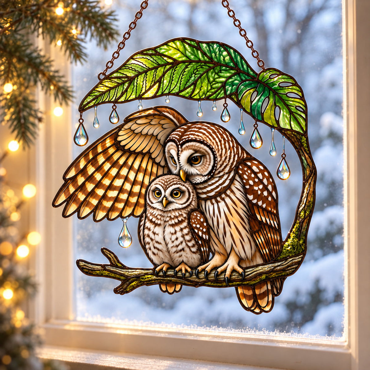 Mother Owl & Baby Under a Leaf Holographic Acrylic Suncatcher — Gift for Mom