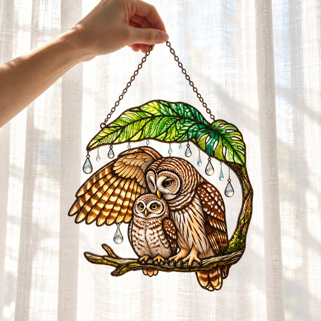 Mother Owl & Baby Under a Leaf Holographic Acrylic Suncatcher — Gift for Mom