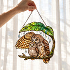 Mother Owl & Baby Under a Leaf Holographic Acrylic Suncatcher — Gift for Mom