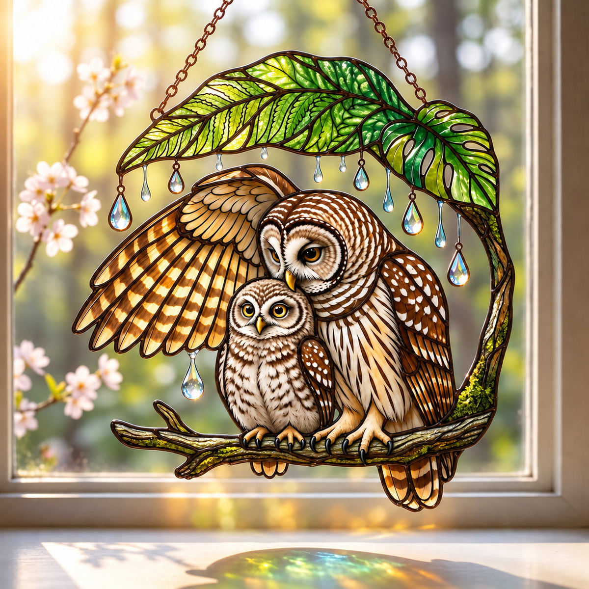 Mother Owl & Baby Under a Leaf Holographic Acrylic Suncatcher — Gift for Mom
