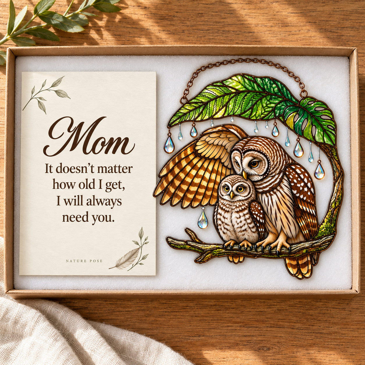 Mother Owl & Baby Under a Leaf Holographic Acrylic Suncatcher — Gift for Mom