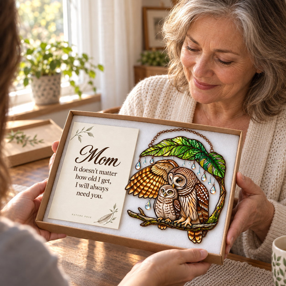 Mother Owl & Baby Under a Leaf Holographic Acrylic Suncatcher — Gift for Mom