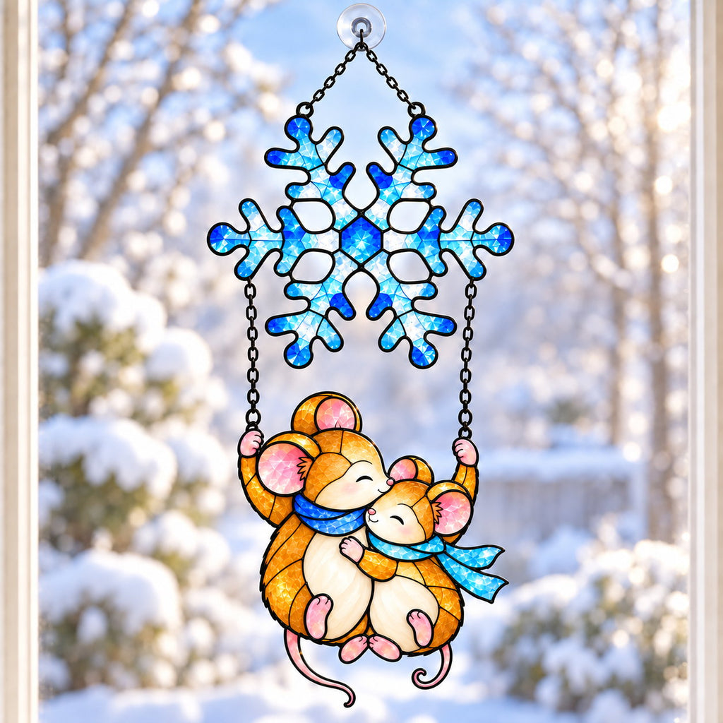 Mouse Couple Swinging under a Snowflake Holographic Acrylic Suncatcher
