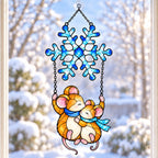 Mouse Couple Swinging under a Snowflake Holographic Acrylic Suncatcher