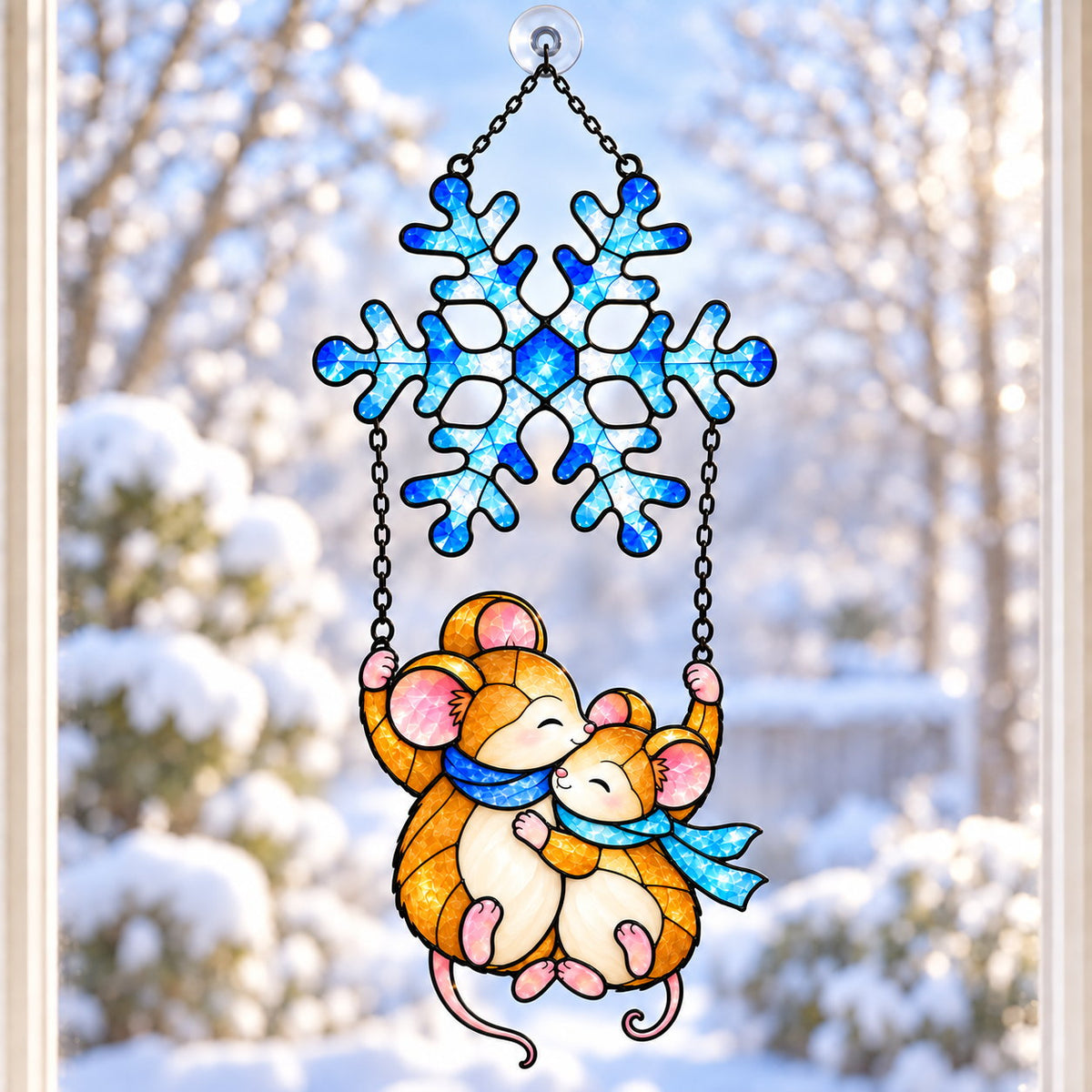 Mouse Couple Swinging under a Snowflake Holographic Acrylic Suncatcher