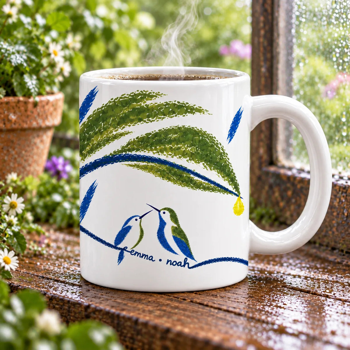 Personalized Wait Out the Rain Hummingbird Couple Mug