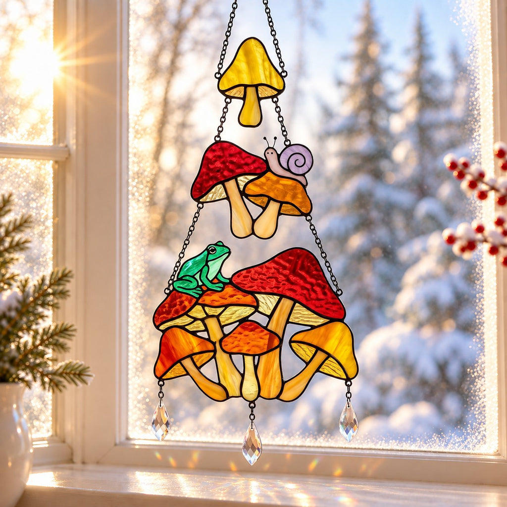 Mushroom Frog & Snail Tiered Holographic Acrylic Suncatcher